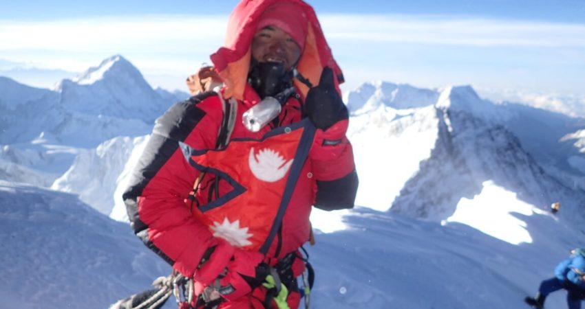 Pemba Sherpa on the summit of Mount Everest